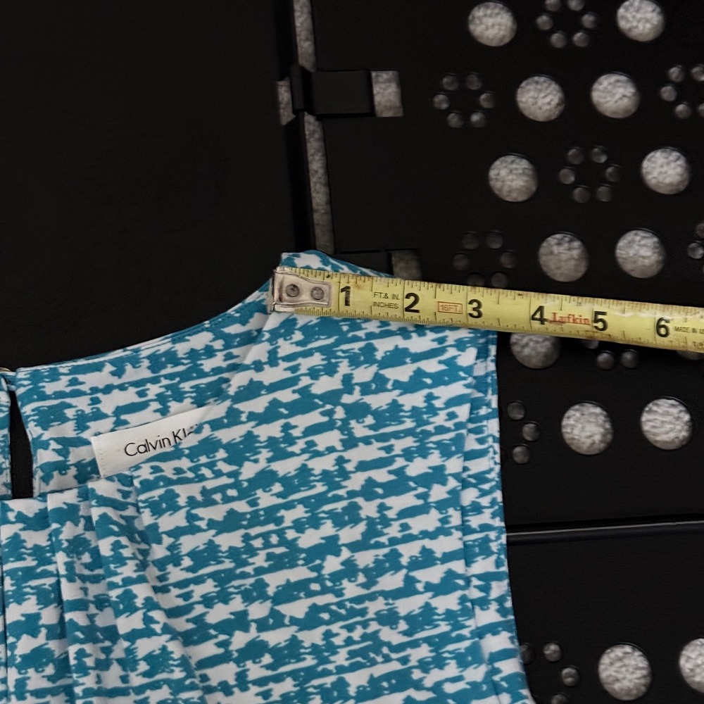 Calvin Klein Womens Teal White Abstract Print Pleated Neck Sleeveless Blouse L - Picture 9 of 10